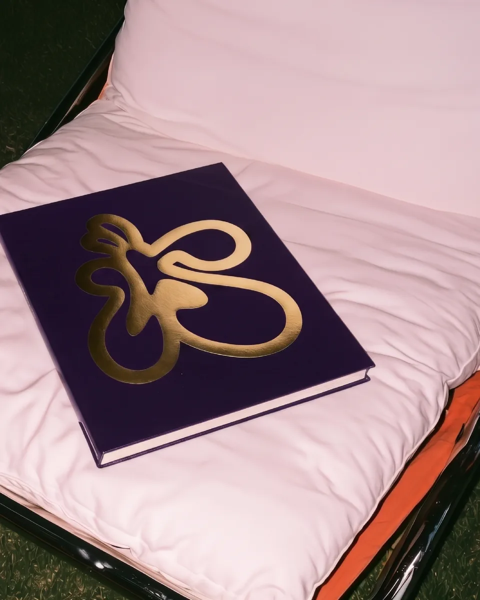 Sandra Kimmig, Markenidentität: Buch mit goldener Bildmarke auf violettem Einband, auf rosa Polster