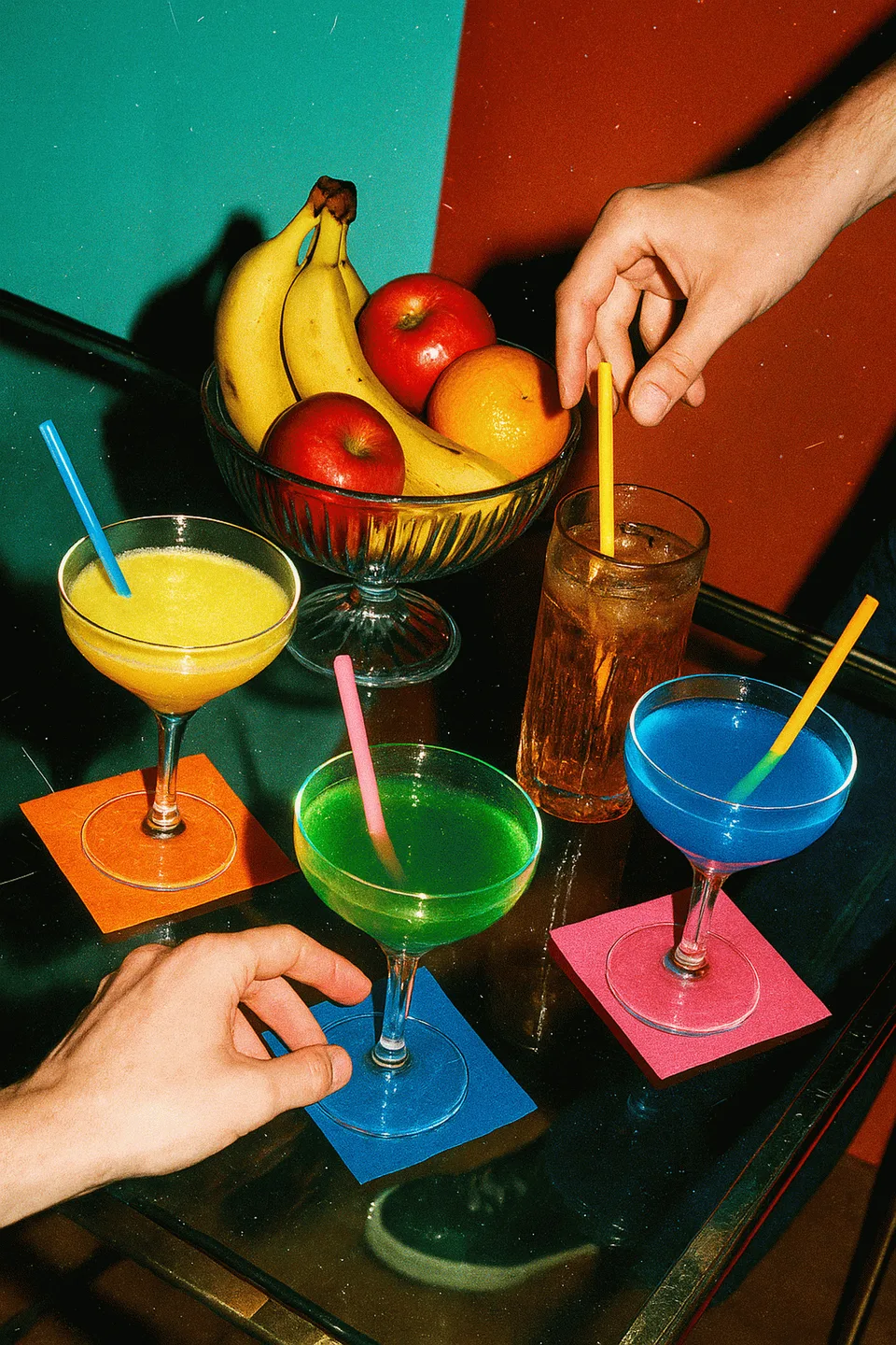 KI-generiert: Hände greifen nach bunten Cocktails und Früchten auf einem Tisch in Grün, Rot und Blau