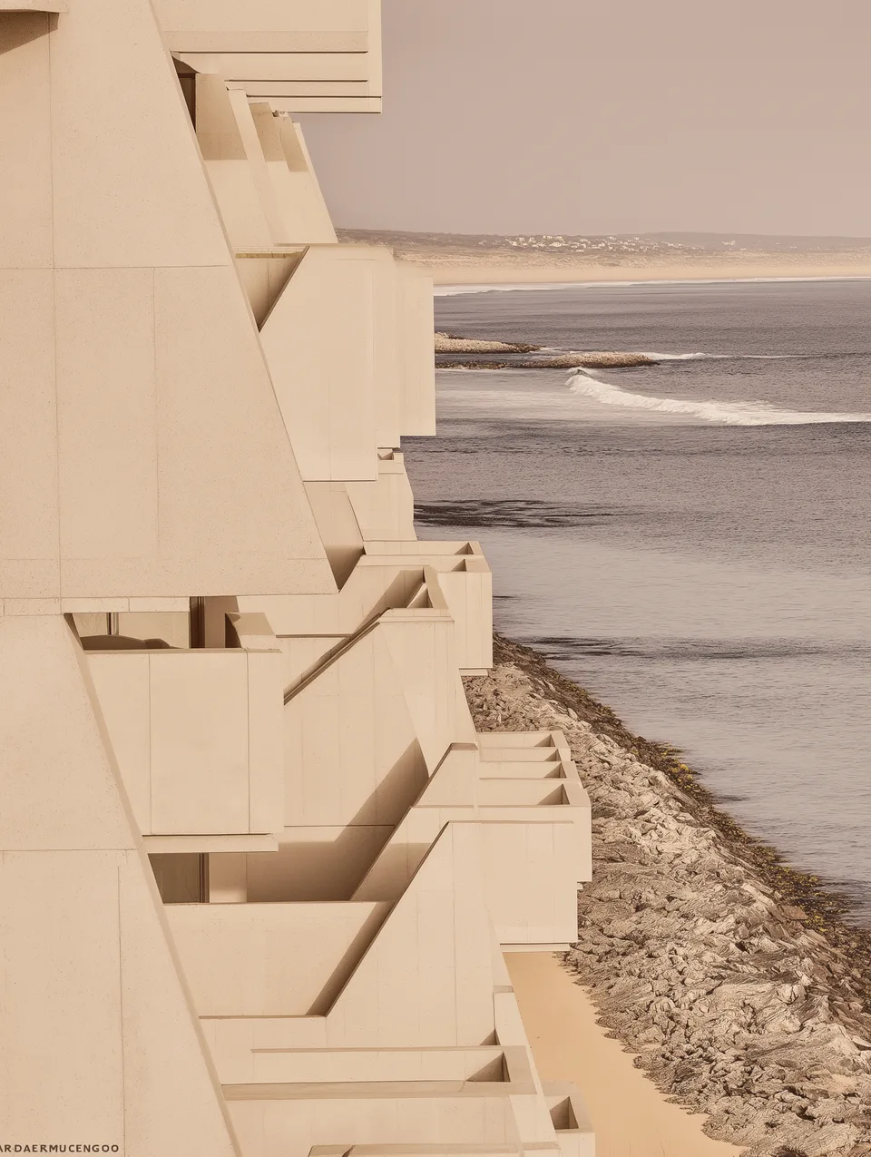 KI-generiert: terrassierte beige Betonarchitektur an einem Strand