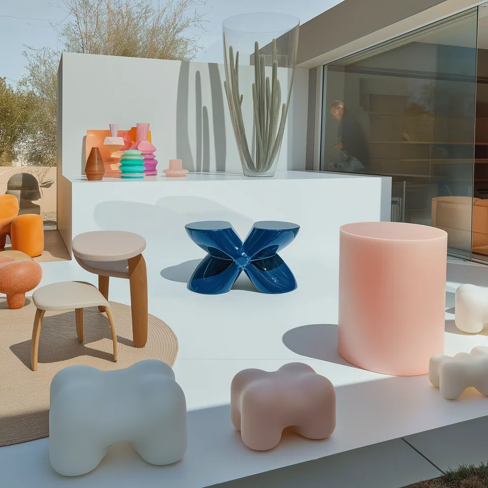 KI-generiert: weiße Terrasse mit skulpturalen Hockern in Rosa, Blau und Weiß und Kakteen