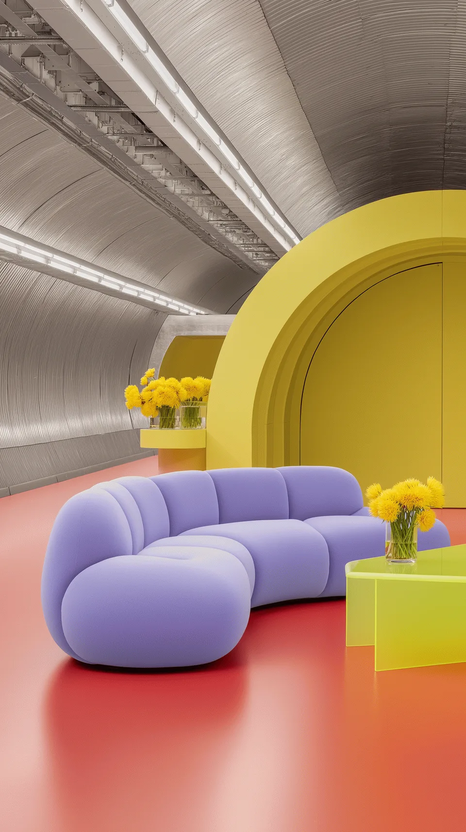 KI-generiert: Lounge mit lila Sofa und gelbem Rundbogen in einem Metalltunnel mit rotem Boden