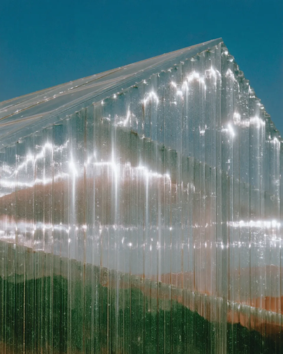 KI-generiert: Pavillon aus transparenten glitzernden Fäden vor grüner Landschaft