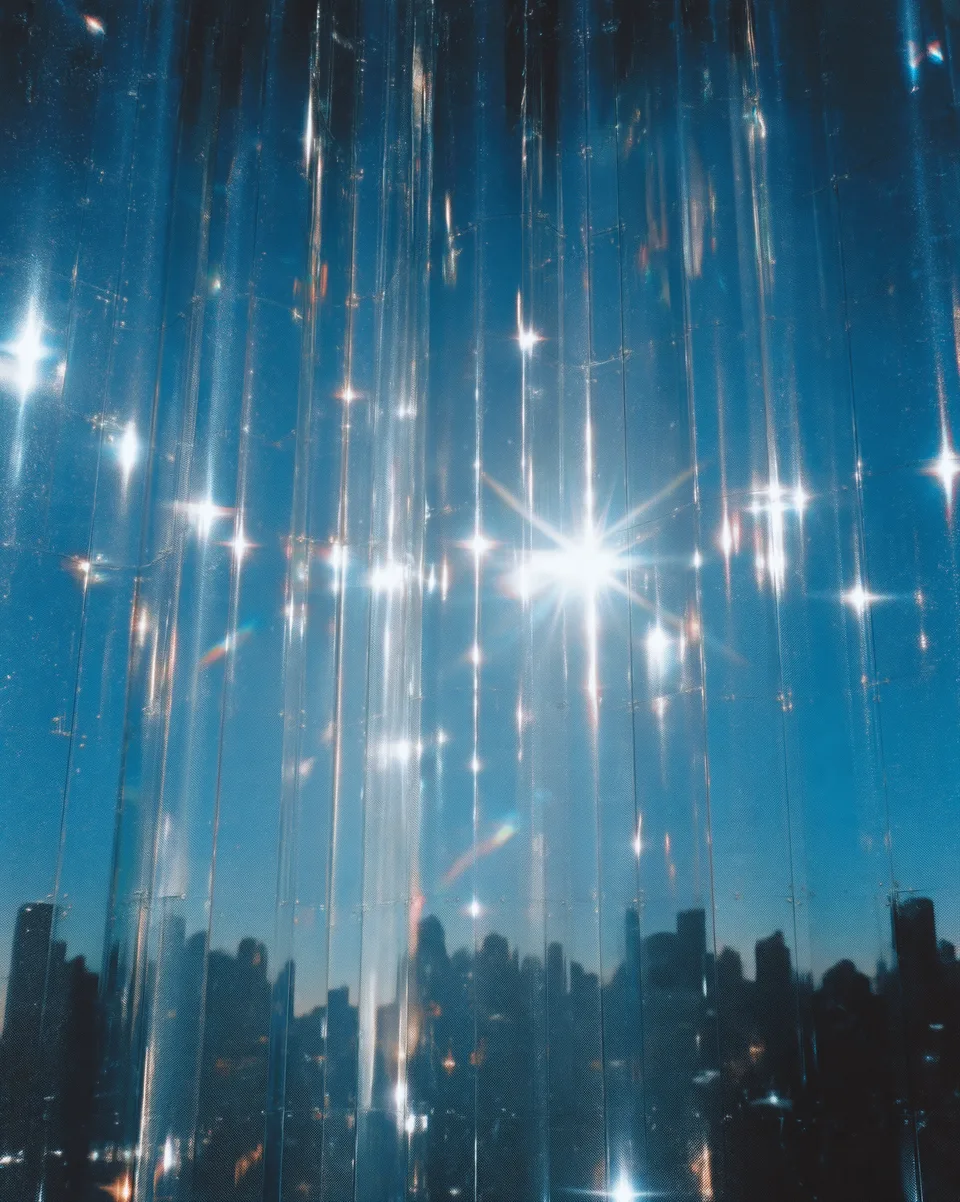 KI-generiert: glitzernde, spiegelnde Lamellen vor einer blauen Skyline