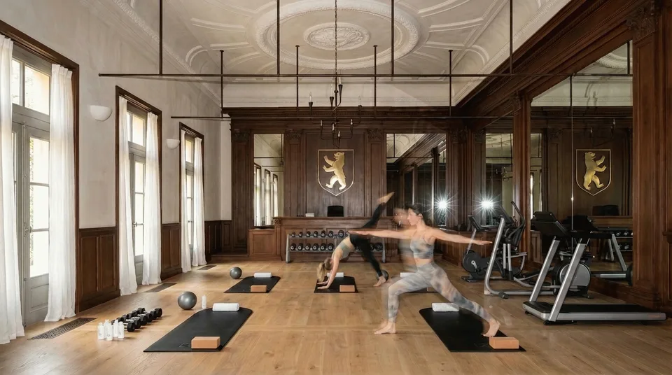 Amt Mitte, Markenraum: Fitnessraum mit Yogamatten im Parkettsaal, eine Person in einer Yogapose
