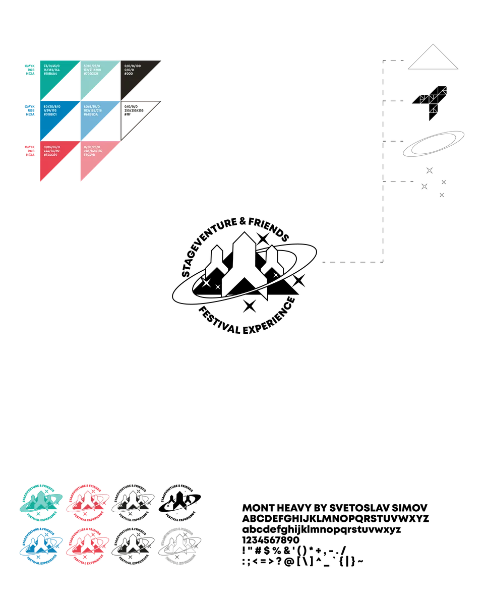 Stageventure & Friends, Event und Struktur: Logo-Varianten aus dreieckigen Formen in Türkis und Rosa