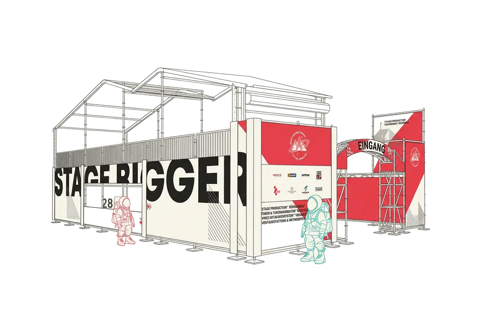Stageventure & Friends, Event und Struktur: 3D-Visualisierung der Standrückseite mit Schriftzug „Stage Bigger“