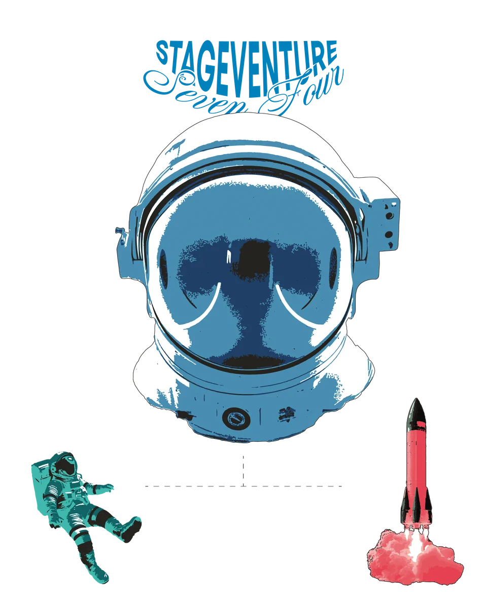Stageventure & Friends, Event und Struktur: Illustration eines Astronautenhelms mit kleinem Astronauten und Rakete