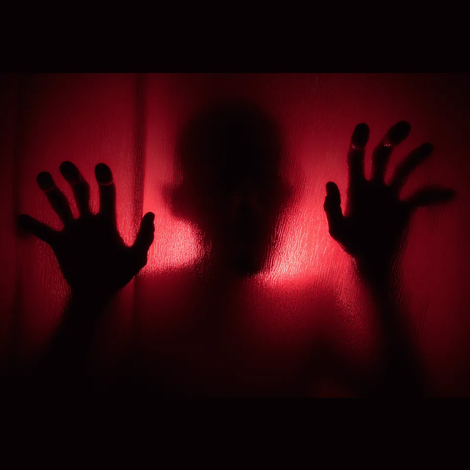 Hawa Halloween, Animation und Bewegtbild: Silhouette mit erhobenen Händen hinter einer roten Wand