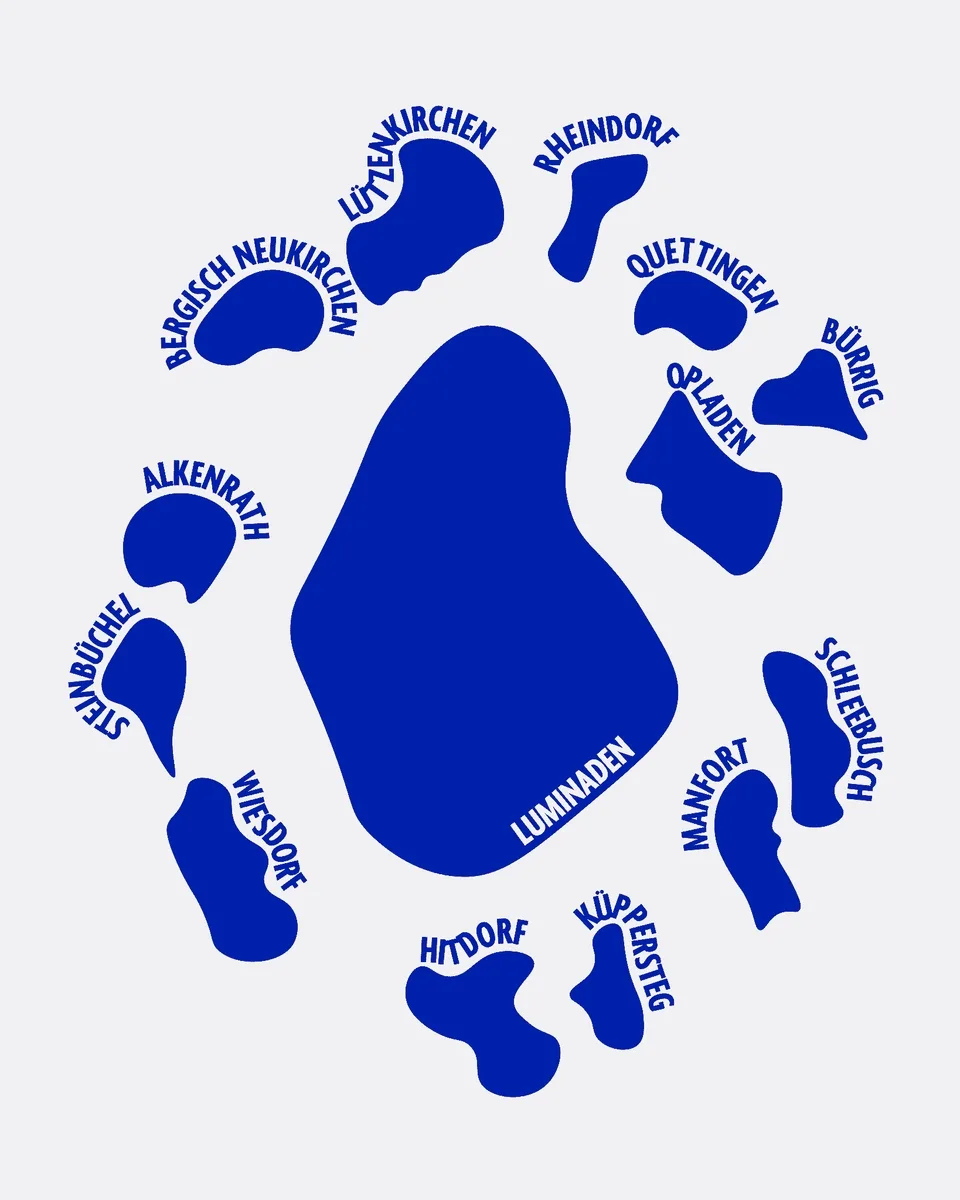 Luminaden, brand space: island map of the food court with districts of Leverkusen in blue shapes