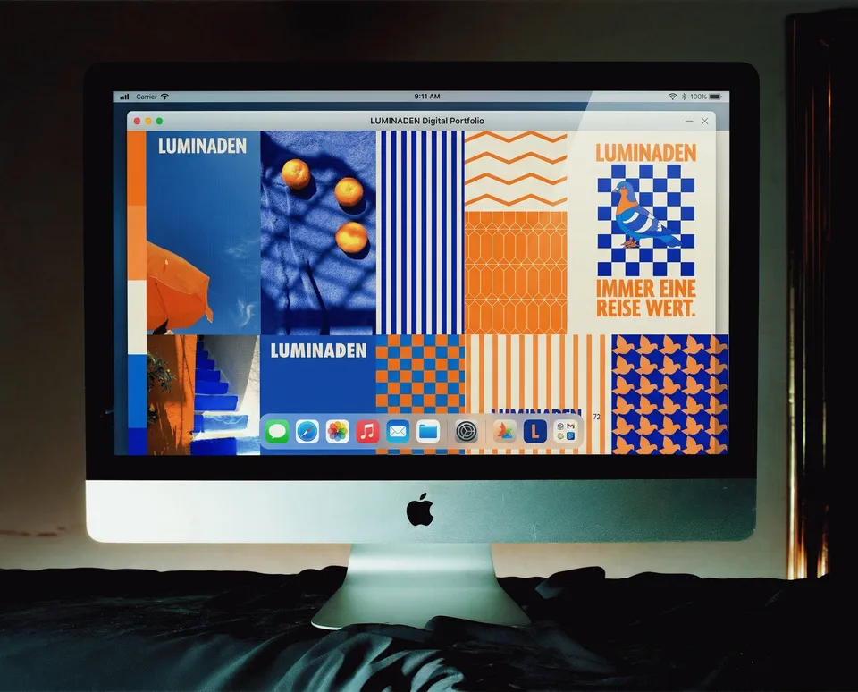 Luminaden, brand space: screen showing the Luminaden brand design in blue and orange