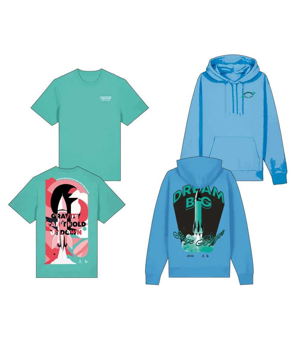 Stageventure & Friends, Event und Struktur: Merchandise: grünes T-Shirt, blauer Hoodie und weitere Varianten mit Raketen-Motiven