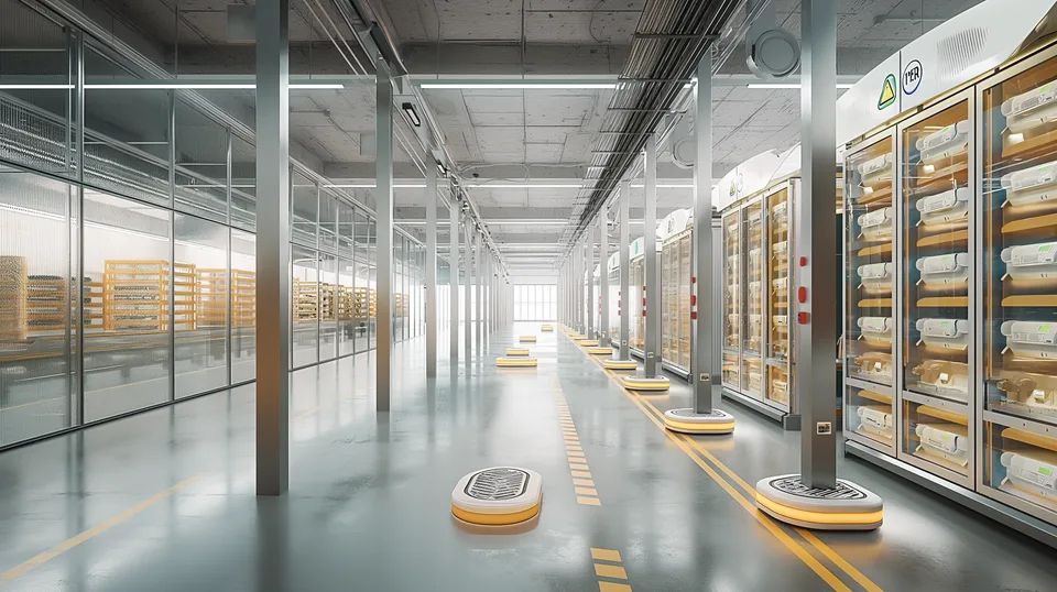 Sneakerfarm, Forschung und Lehre: Visualisierung der Anbauhalle mit Regalen und fahrenden Robotern