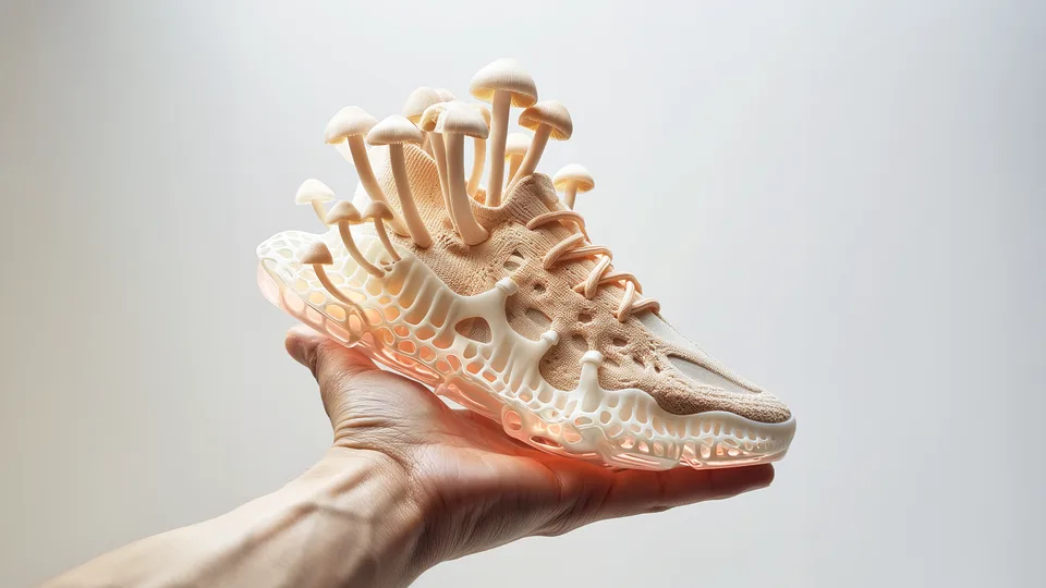 Sneakerfarm, Forschung und Lehre: Hand hält einen Sneaker, aus dem Pilze wachsen