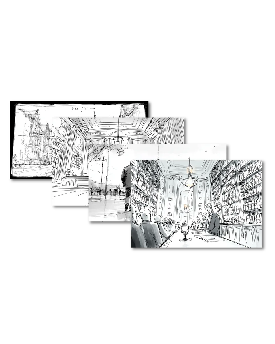 Amt Mitte, Markenraum: Storyboard aus vier Skizzen der Hotelräume