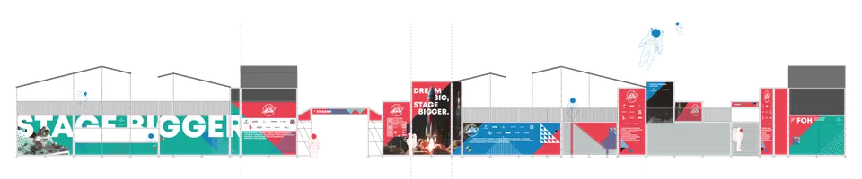 Stageventure & Friends, Event und Struktur: Ansicht des Gemeinschaftsstands mit dem Schriftzug „Stage Bigger“ als Wandabwicklung