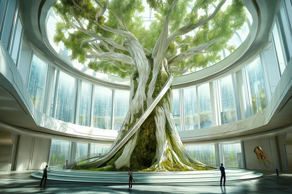 Brandcenter of the Forest, research and teaching: visualisation of a large tree in a round glass hall