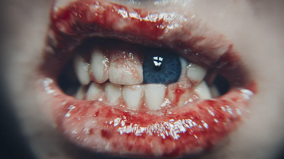 Hawa Halloween, Animation und Bewegtbild: Nahaufnahme eines Mundes mit blutigen Lippen und blauem Auge zwischen den Zähnen