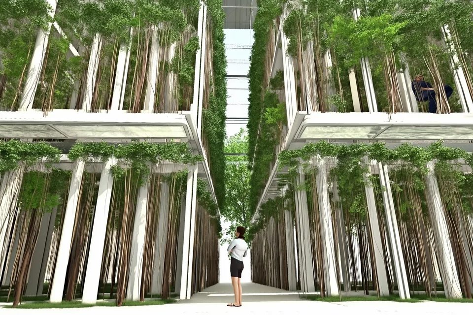 Brandcenter of the Forest, research and teaching: visualisation of a building with planted levels and white supports