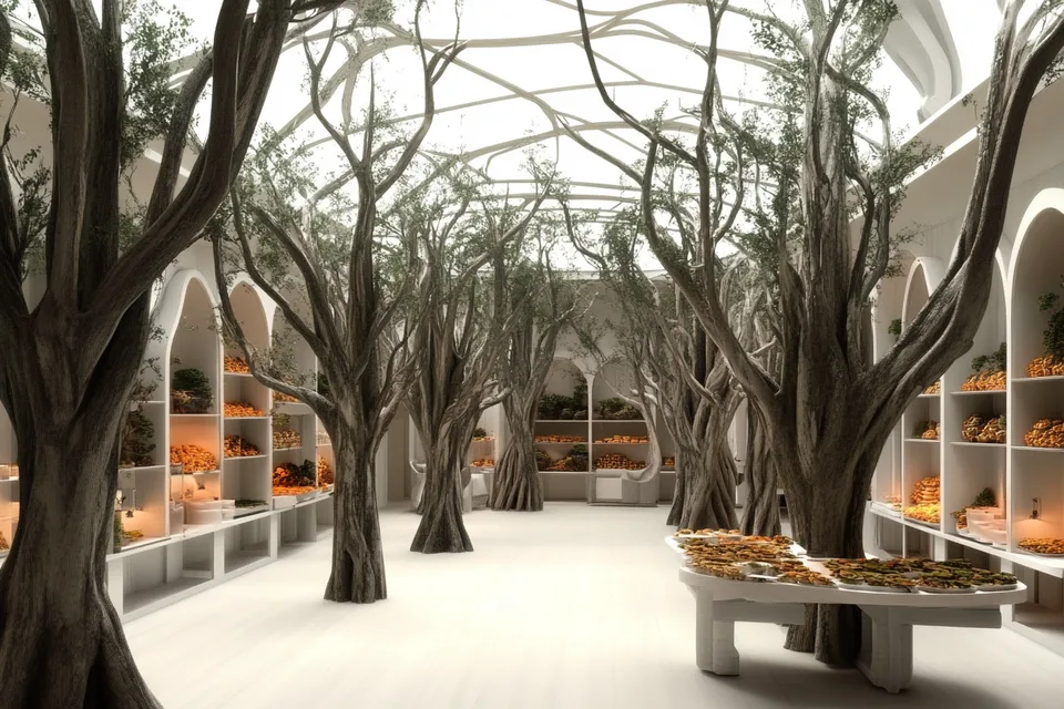 Brandcenter of the Forest, research and teaching: visualisation of a sales room between trees with shelves