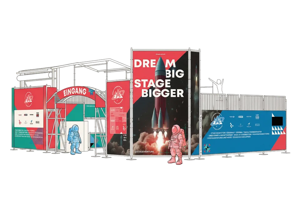 Stageventure & Friends, Event und Struktur: 3D-Visualisierung des Stands mit Eingang, Banner und Astronauten-Figuren