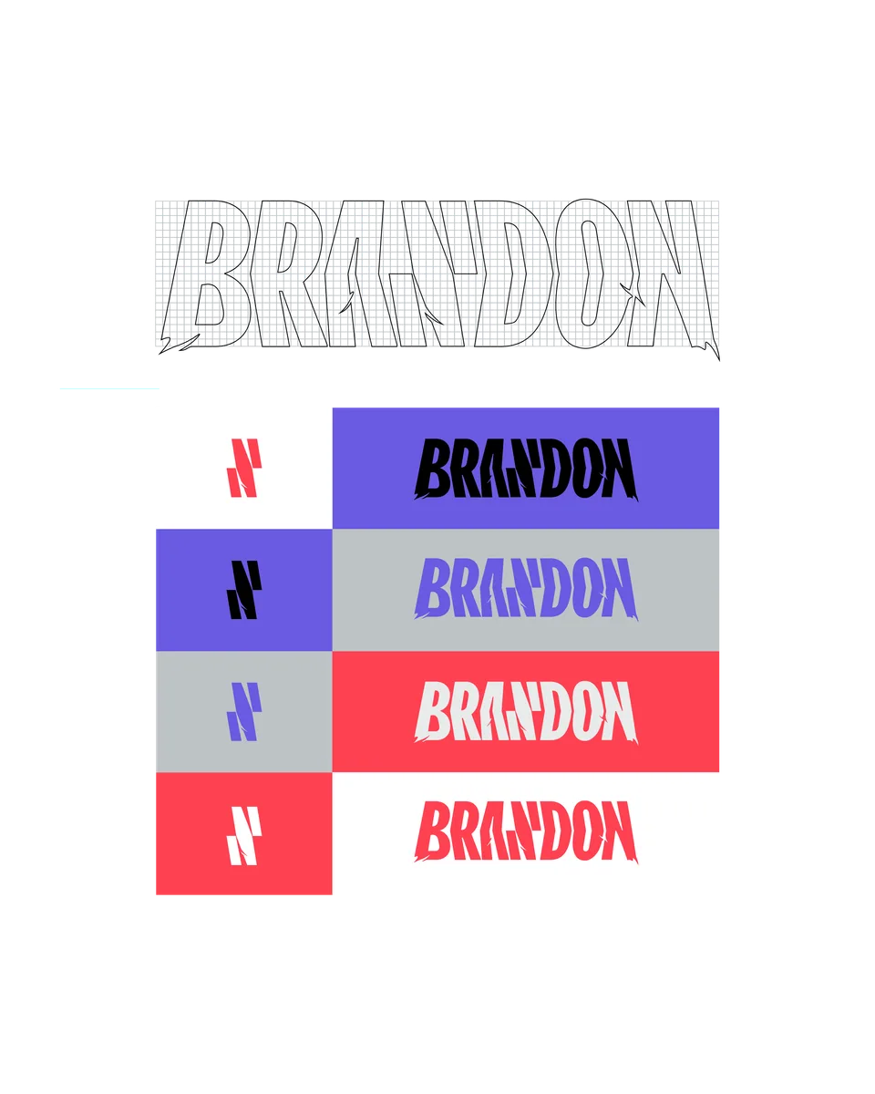 Brandon, Markenidentität: Farbvarianten des Logos auf Violett, Grau, Rot und Weiß