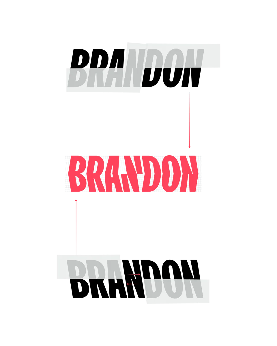 Brandon, Markenidentität: Logo „Brandon“ in Rot zwischen grauen Formen auf Schwarz